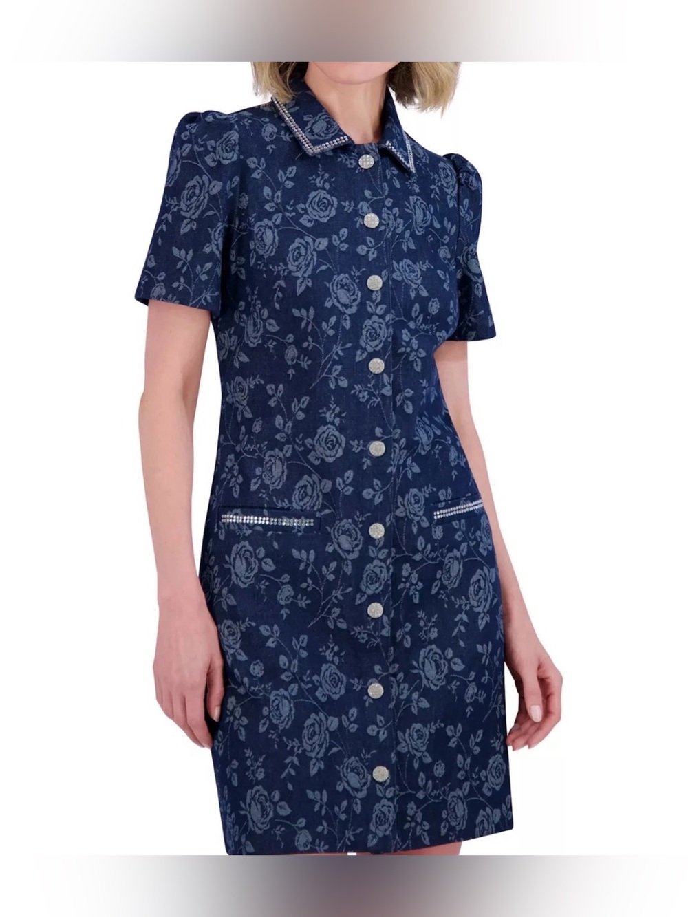 NEW Womens Size 4 Eliza J Floral Rhinestone-Trim Collared Denim Shirtdress $158 - Picture 2 of 13